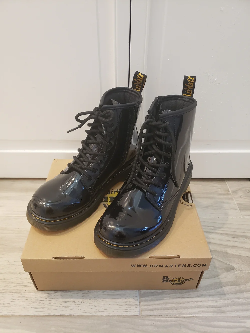 Dr. Martens Kids Black Patent 1460 J Boots (Box Shown)